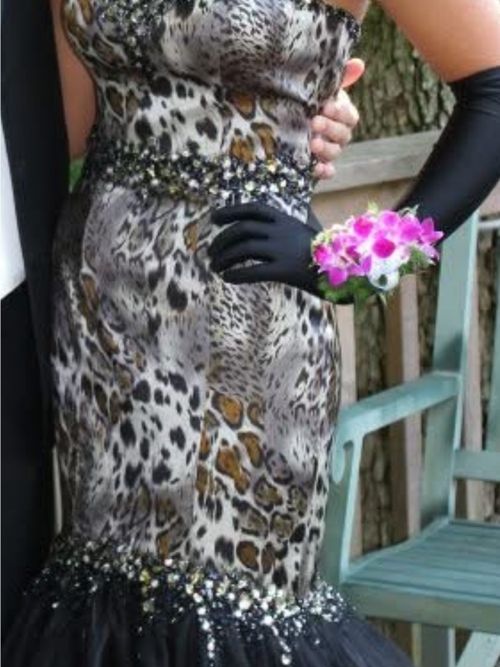 Strapless Leopard Print Prom Dress with Beaded Waist in Black and Brown